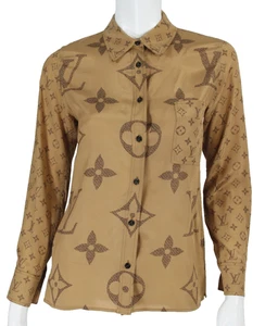 Camicetta LOUIS VUITTON bronzo marrone monogramma stampa logo crepe bottoni-fronte 34 - Foto 1 di 7