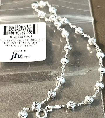 PULSERA TOBILLO PLATA ESTERLINA CUENTAS 9.5" NUEVA CON ETIQUETAS iTALY. REGALO PERFECTO Foto 1 de 4