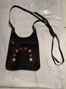 Bolso Bandolera/Bolso Hecho a Mano Gamuza Cuero Boho Festival Tribal Flor Negra - Imagen 1 de 10