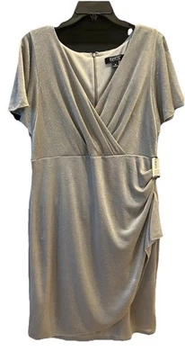 Ignite Evenings Dress 16 Silver Metallic SS Surplice V Neck Bodice Side Gather - Image 1 of 4