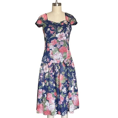 Vestido Vintage Años 80 Azul Marino Apliques Florales | Vestido Floral Rosa Vintage Años 80  Foto 1 de 4