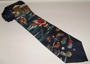 Louis Feraud Christmas Tie Italian Silk Santa Golfing Navy Blue Novelty Holiday - Picture 1 of 2