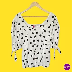 V BY VERY Women's Polka Dot Linen Blouse, Square Neck, Tie Sleeve, White, UK 10 - Picture 1 of 5