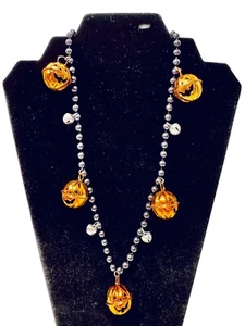 Halloween Vintage Jack O' Lantern & Silver Jingle Bells Black Beads 30" Necklace - Picture 1 of 10