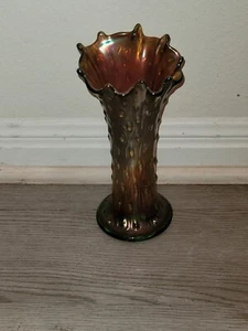 Amber Iridescent Northwood Tree Trunk Hobnail Swung 10” Vase Carnival Glass - Picture 1 of 12