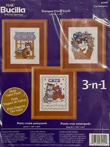 Bucilla CAT SAMPLERS 3-IN-1 stamped cross stitch fabric set of 3 8"x10" 65449 - Picture 1 of 3