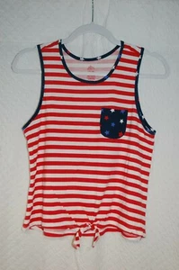 Girls Tank Top RED WHITE STRIPED Blue Star Pocket KNOT FRONT Loose Fit 2XL / 18 - Picture 1 of 1