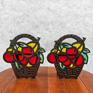 Cast Iron Stained Glass Cherry Basket Napkin Holders (2) Vtg Retro Kitchen Decor - Picture 1 of 6