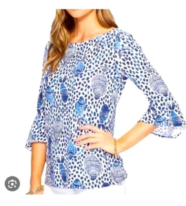 Camisa Lilly Pulitzer XS Fontaine High Tide suela azul marino estampada de peces - Imagen 1 de 7