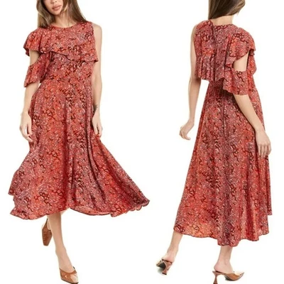 MAJE Vestido Largo Rojo Rivele Asimétrico Midi Floral Leopardo Crepé Volantes 2 PEQUEÑO Foto 1 de 4