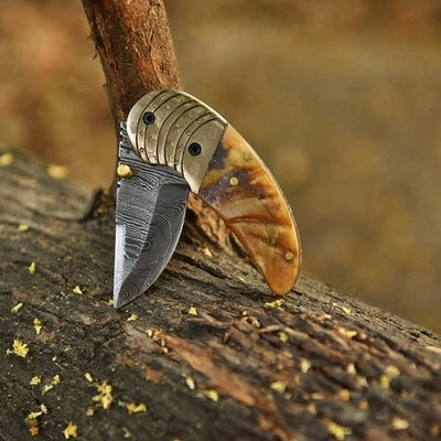 Mini Damascus Folding Blade Pocket knife Camping Tactical Knife Case- Ram Horn - Image 1 of 4