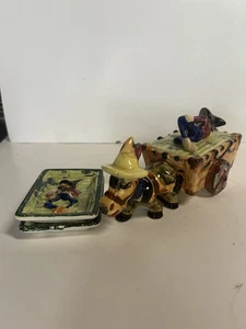 Japan donkey cart ceramic Figurine container with lid and man riding #7119 Vntg - Picture 1 of 5