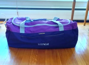 Lands End Duffle Bag 22 1/2" Long Purple Cotton Padded Grey Shoulder Strap - Picture 1 of 11