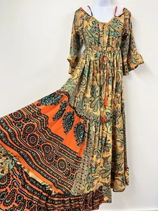 Orange Gypsy Dress Silk Blend One Size Maxi Hippie Indian Off Shoulder Bohemian - Picture 1 of 15