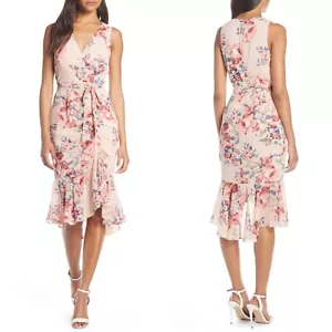 NEU Eliza J PINK Blumen CLIP DOT Chiffon RÜSCHEN Rüschen KUNST WICKEL Midi KLEID 2 - Bild 1 von 15