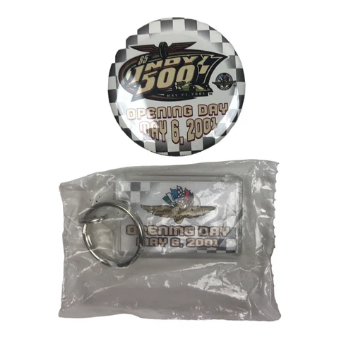Indianapolis 500 Opening Day Pin Back Button & Key Chain Auto Racing Brickyard Cover