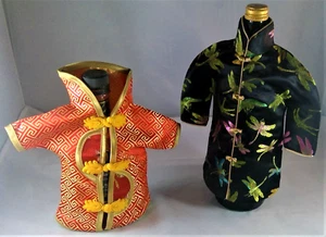 2 Asian wine bottle cozies 10" robes black dragonfly's orange/gold embroidered - Picture 1 of 12