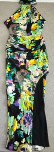 Nicholas Catalina Halter Cutout Asymmetrical Silk Gown Dress Sz 8 Black Floral - Picture 1 of 20