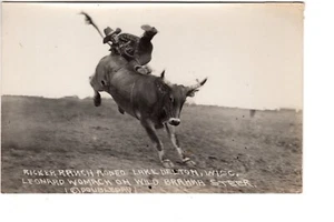Leonard Womack On Wild Steer At Ricker Ranch Rodeo  Lake Delton, WI RPPC @ 1930 - Picture 1 of 2