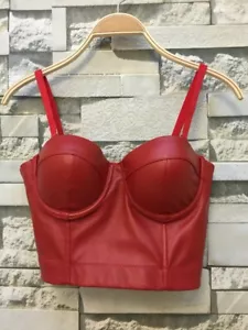 Lady PU Leather Tank Bustier Bra Vest Crop Top Blouse Spaghetti Straps Club Sexy - Picture 1 of 9