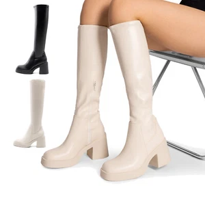 Women Knee High Platform GOGO Boots Chunky Block Heel Square Toe Fashion Boots - Picture 1 of 18