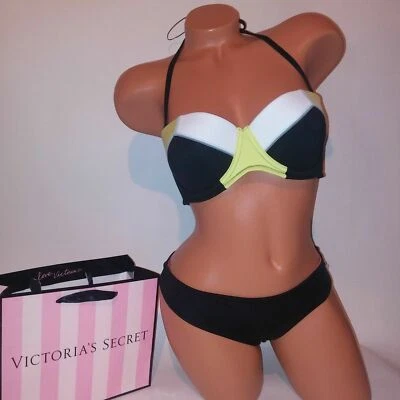 Bikini de natación Victoria Secret 32D parte superior parte inferior pequeña negro bandeau verde neopreno Foto 1 de 4