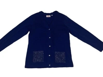 Quacker Factory Navy Long Sleeve Knit Cardigan Rhinestone Pockets Size Small - Image 1 of 4