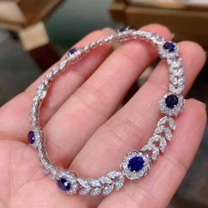 8.00 Ct Oval Cut Blue Sapphire Women's Tennis Bracelet 14k White Gold Finish - Picture 1 of 12