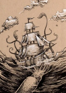 Kraken Attack Ship Nautical Wall Art Print 5x7 small giant squid Bryan Collins - Picture 1 of 4