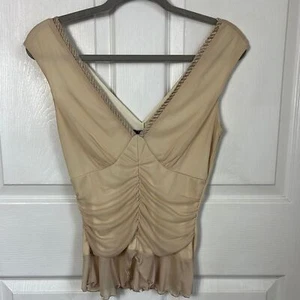Vintage Y2K Elegant Beige Ärmellos Chiffon V-Ausschnitt Top Gr. Large Schößchen Taille - Bild 1 von 10