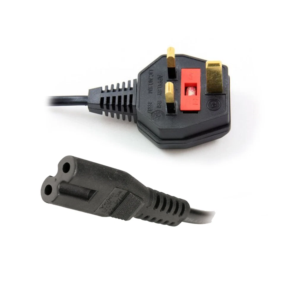 Figure of 8 two pin UK Power Lead cable Straight 1.9m Black TV Stereo Radio - Image 1 of 1