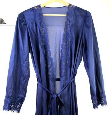 Bata Peignoir Completa De Colección Olga #94280 Azul Marino Nylon Sedoso Encaje Largo Slv Salón M Foto 1 de 4