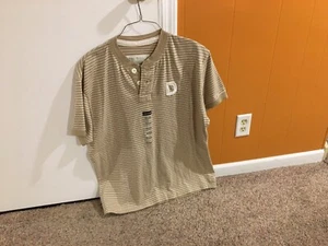 Mens Size 2XL Ditch Plains Short Sleeve Henley Tan White Striped Shirt - Picture 1 of 3