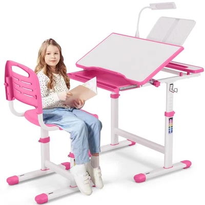 Height Adjustable Kids Desk Chair Set Girl Study Table with LED Lamp,Drawer Pink - Bild 1 von 4