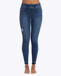 Spanx Distressed Skinny Ankle Jeans Womens S Blue Pull On Raw Hem Slimming NEW - Picture 1 of 12