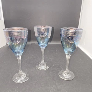 Vintage Bohemian Czech Blue Wine Glasses Silver Overlay Twisted Stem Set of 3 - Picture 1 of 16