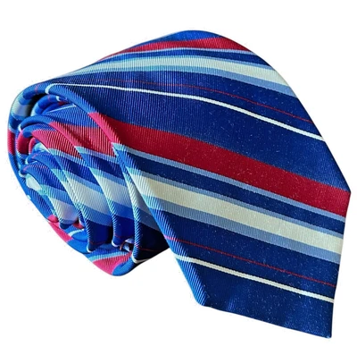 NUEVO Corbata Peter Millar Cuello Para Hombre Rojo Blanco Azul Rayas Seda Delgada Moderna Plegable a Mano Foto 1 de 4