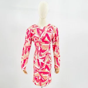 Rare 80s Lillie Rubin Hot Pink Sequin Bodycon Glam Sexy Long Sleeve Mini Dress - Picture 1 of 7