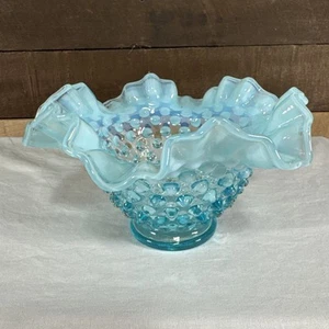 Vintage Blue Opalescent Hobnail Fenton Ruffled Footed Bowl 6.75” - Picture 1 of 6