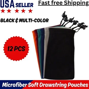 NEU 12 STCK. Brille Mikrofaser weich Kordelzug Beutel SCHWARZ & MEHRFARBIG  - Bild 1 von 2