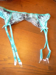 Ladies 4 Strap Belt Garter Belt-SZ LG-BLACK ON NET WTTH TURQUIOSE - Picture 1 of 3