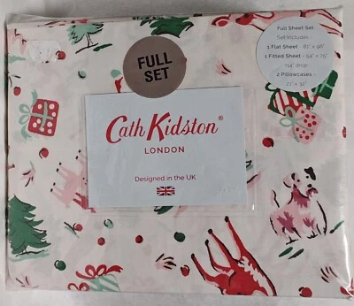 Cath Kidston Full Sheet Set Ditsy Deer Pink Green Christmas Holiday Dog Gift Tre - Image 1 of 4