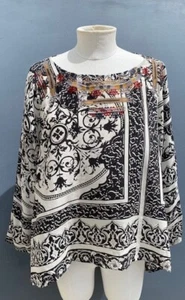 JOHNNY WAS BIYA SILK LONG SLEEVE BLACK AND WHITE BANDANA SWING BLOUSE SIZE SMALL - Picture 1 of 12