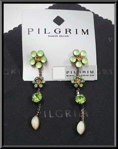 NEW PILGRIM DROP DANGLE EARRINGS GREEN CRYSTAL FLOWERS BROWN, BLACK NICKEL FREE - Picture 1 of 1