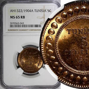 Tunisia Muhammad IV Bronze AH1322//1904 A 5 Centimes NGC MS65 RB KM# 228 (043) - Picture 1 of 4