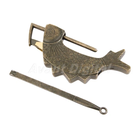 Antique Bronze Cabinet Door Wooden Chest Jewelry Box Padlock Fish Shape Lock Cover