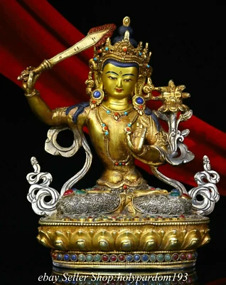 8.8" Antiguo Tíbet Bronce 24K Oro Incrustación Gemas Wenshu Guan Yin Diosa Estatua Foto 1 de 4
