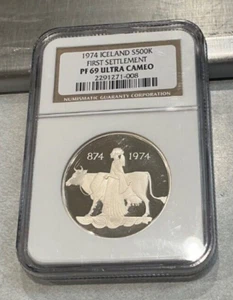 1974 ICELAND SILVER 500 KRONUR FIRST SETTLEMENT NGC PF 69ULTRA CAMEO - Picture 1 of 2