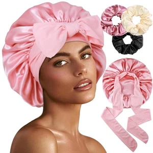 1+3 Large Satin Bonnets with Scrunchies for Women, Double Layer Hair Bonnet T... - Picture 1 of 6