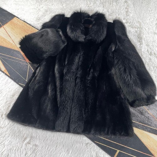 SAINT LAURENT (YSL) Cappotto pelliccia volpe visone Yves Saint Laurent nero XL vera pelliccia elegante DA JPN